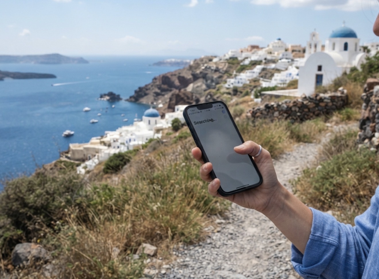 Hand holding a phone searching for signal on a cliffside path overlooking Santorini
